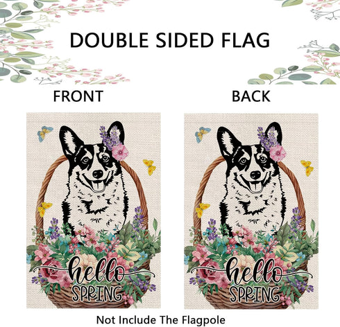 Spring Garden Flag Hello Spring Corgi Vertical Double Sided Flowers Butterfly Farmhouse Yard Lawn Outdoor Decor 12.5x18 Inch...