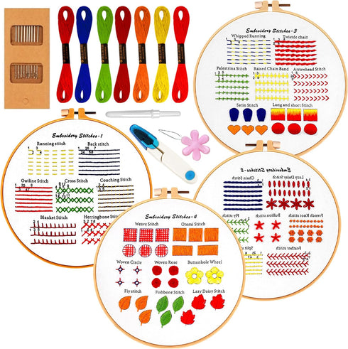 Fashhut Set of 4 Embroidery Kit for Beginners with Patterns & Complete Instructions - DIY Cross Stitch Kits for Adults with 1 Embroidery Hoop, Nee...