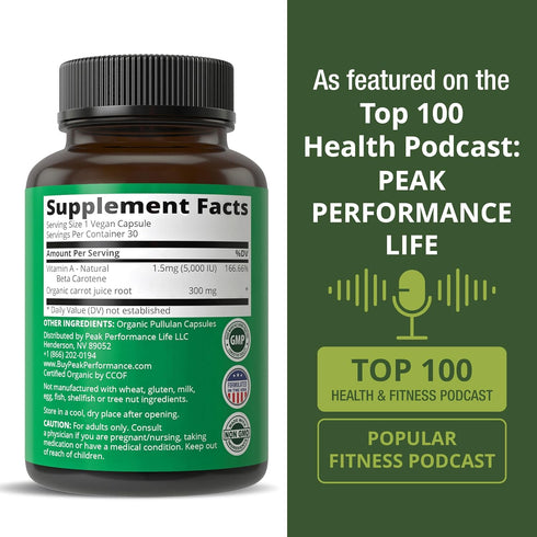 Certified Organic Vitamin A 5000 IU Supplement Capsules High Potency Vitamins. for Adults, Men, Women, Kids. Made with Organic Carrot Juice. Great...