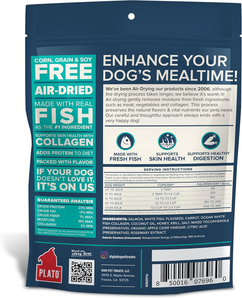 PLATO Pet Treats Air Dried Dog Food Topper, Fish and Collagen Recipe, Superfood, Grain Free, Made in The USA, 5.5oz...