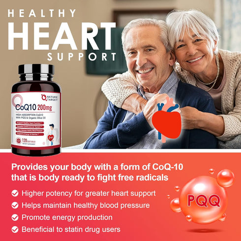 NATURE TARGET CoQ10-200mg-Softgels + PQQ with Organic-Olive-Oil - High Absorption-Coenzyme-Q10 - Antioxidant-for-Heart-Health and Immune Support, ...