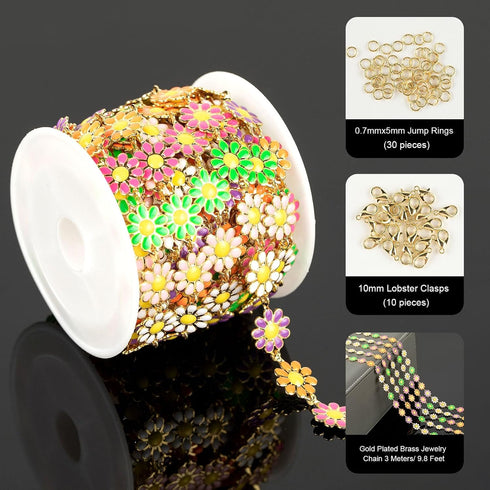 YOUBEIYEE 3M Gold Plated Brass Chain for Jewelry Making Mixed Color Enamel Daisy Flower Chain Necklace Bracelet DIY for Women Jewelry Supplies...