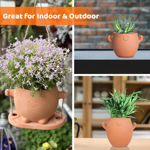 Mr. Smiley Small Plant Pot with Drainage, Cute Clay Planter for Succulent, Funny Gifts for Plant Lovers, Face Terra Cotta Flower Pots for Indoor a...