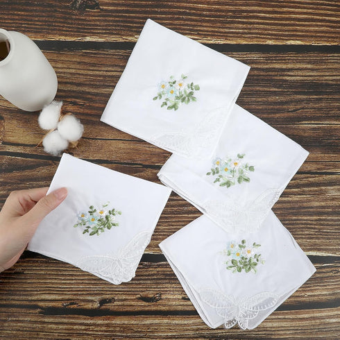 11" Embroidered Lace Cotton Handkerchiefs for Women, Elegant Floral Ladies Hankies with Lace Edge for Daily Use Party Wedding...