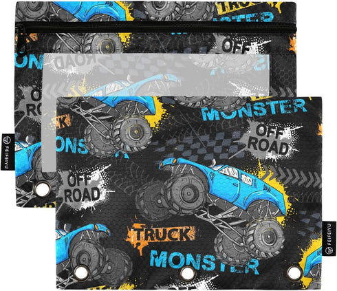 Monster Truck Tires Pencil Pouch for 3 Ring Binder Pencil Bags Binder Pocket with Clear Window & Zipper for Office Supplies Storage 2 Pack...