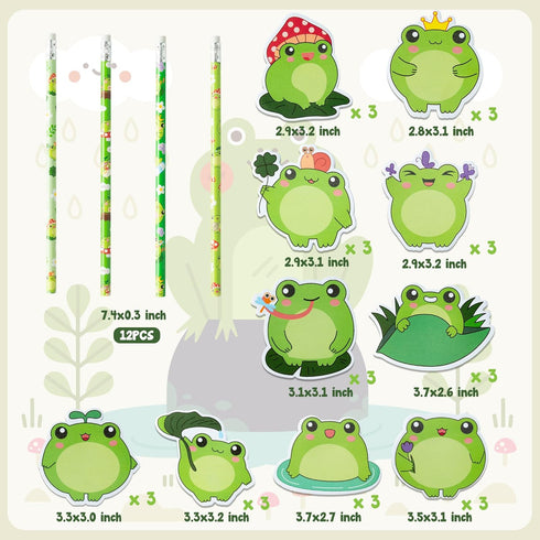 114Pcs Frog Stationery and School Supplies Set - Cute Summer Frog Sticky Notes, Paper Clip Bookmarks, Frog Decal Sticker and Pencils, Assorted Min...