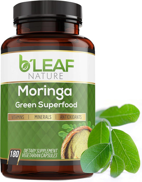 B'LEAF NATURE Organic Moringa Pure Capsules 1000mg, 180 Count – Moringa Capsules with Organic Olefeira Powder for Immune Support, Energy & Balance...