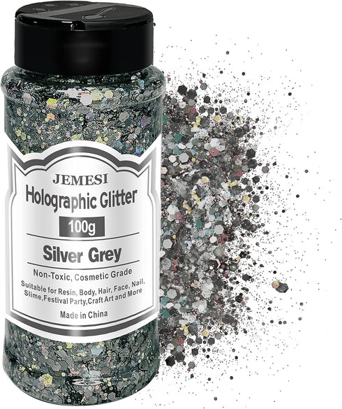 Holographic Chunky Glitter, 100g/0.35oz Silver Grey Cosmetic Craft Glitter for Epoxy Resin, Nail Sequins Iridescent Flakes, Body, Face, Hair, Nail...