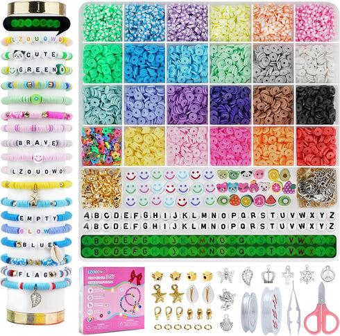 LZOUOWO 6100 Polymer Clay Beads for Bracelets Making Aesthetic Kit 24 Colors Flat Heishi Beads for Jewelry Making DIY Set with Letter Beads, Smile...