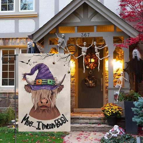 Louise Maelys Halloween Highland Cow Garden Flag 12x18 Double Sided, Burlap Small Welcome Boo Halloween Witch Hat House Flags Seasonal Holiday Out...