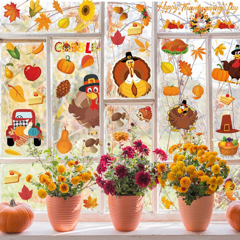 Thanksgiving Fall Window Clings Decorations, 10 Sheets Thanksgiving Window Stickers for Kids Home Office Classroom Party Glass Windows Double Side...