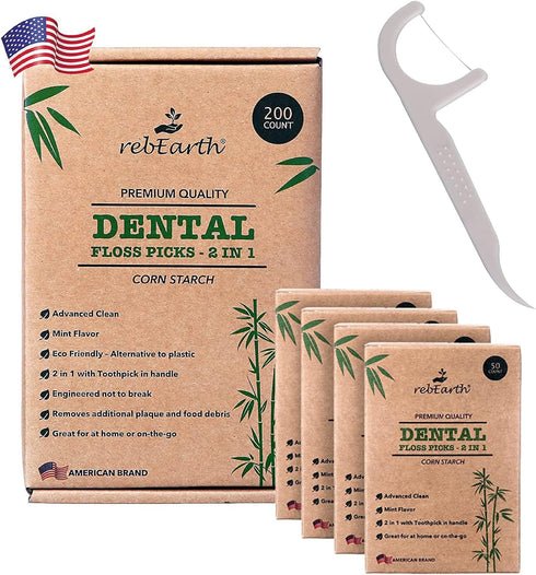 Natural Dental Floss Picks - Oral Care Dental Pick w/Mint Flavored Toothpicks, 2-in-1 Natural Floss & Toothpicks, Plant-Based Dental Flossers, Too...