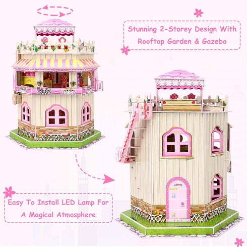 Rooftop Romance 3D Puzzle Dollhouse for Girls - Easy to Assemble 3-D Miniature Doll House Building Kit with LED Light for Kids - Educational Paper...