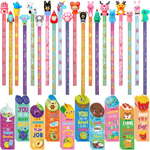 80 Pcs Scented Bookmarks and Scented Pencils with Cute Pencil Toppers Set Fun Pencils Fruit Food Theme Scratch and Sniff Bookmarks Cartoon Pencil ...