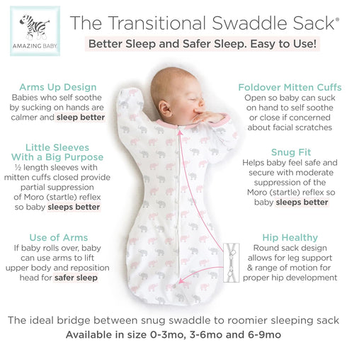 Amazing Baby Transitional Swaddle Sack with Arms Up Half-Length Sleeves and Mitten Cuffs, Medium, 3–6 months, 14-21 lbs, Tiny Elephants, Pink (Arm...