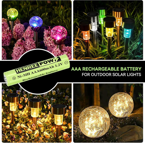 Henreepow AAA Rechargeable Battery, 1.2v Ni-MH Solar Batteries, Low Self-Discharge, Pre-Charged Triple A Battery for Solar Pathway Lights, Outdoor...