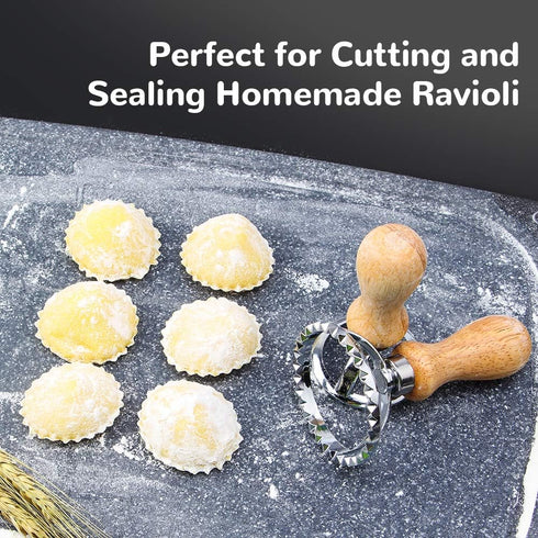 Ravioli Stamp Set (Set of 5), Ravioli Maker Cutter with Wooden Handle–for Ravioli, Pasta, Dumplings Lasagna, Pierogi, Leading Dough Cutter and Pre...