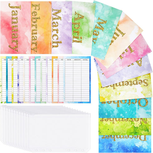 12PCS PVC A6 Binder Pockets + 12PCS Monthly Expense Tracker Budget Sheets, Clear Zipper Cash Envelopes for Budgeting, 6-Hole Planner Binder Insert...