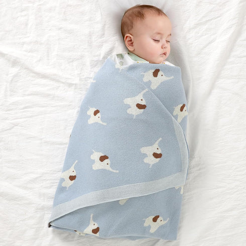 100% Cotton Baby Blanket Knit Soft Cozy Swaddle Receiving Blankets Toddler Infant blanket with Lovely Elephant for Newborn Boy Girls - Light Blue,...