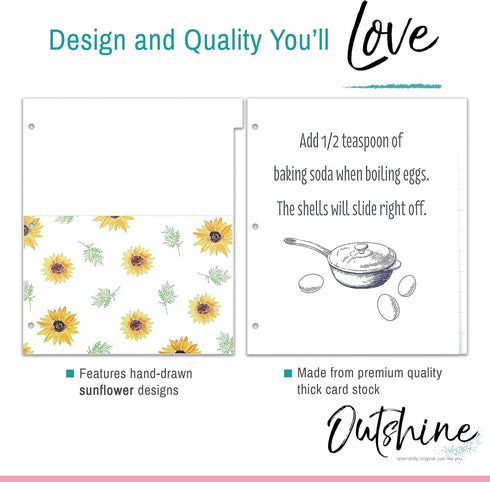 Outshine 12-Pack Recipe Binder Dividers for 3 Ring Binder, Sunflower | 8.5" x 11" Thick Cardstock Binder Dividers with Tabs | includes 28 Adhesive...
