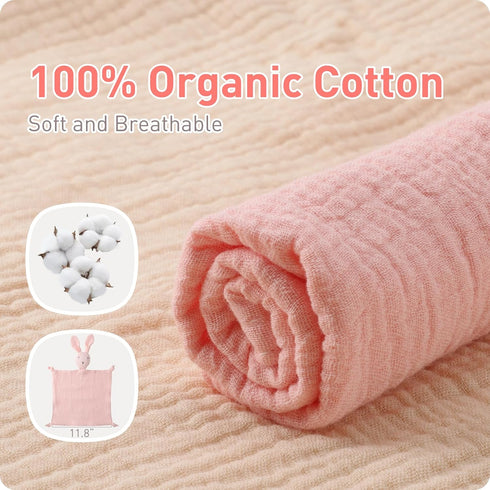 Organic Cotton Bunny Loveys Soft & Breathable Newborn Security Blanket, Perfect for Baby Boy Girl, Gender Neutral. Muslin Fabric for Comfortable S...
