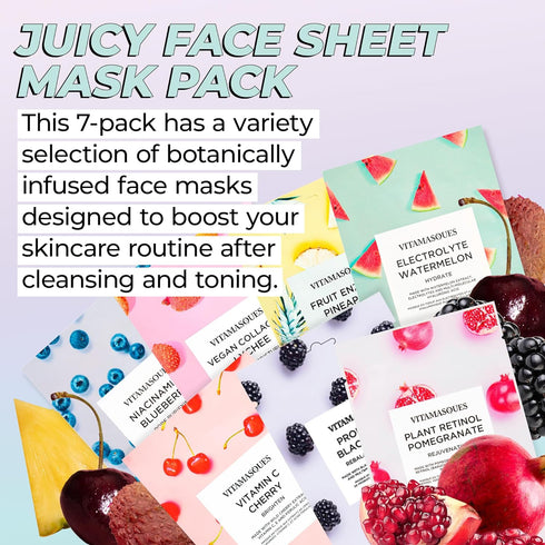 Vitamasques Face Masks Skincare Sheet Kit, 7-Pack - Juicy Collection of Triple-Layer Sheet Facial Masks - Pore Purifying, Brightening, and Hydrati...