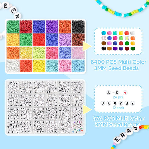 Dowsabel Friendship Bracelet Kit, 10000 Pcs 3mm Glass Seed Beads for Bracelet Making with Letter Alphabet Beads A-Z, 8/0 Craft Bead for Jewelry Ma...