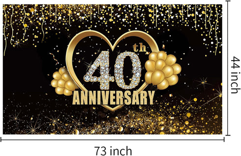 Happy 40th Anniversary Banner Backdrop Decorations, Large Wedding Background Sign Decor, Black Gold 40 Year Photography Photo Props Party Supplies...