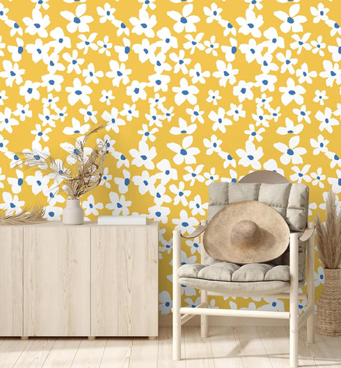 HAOKHOME 93391-1 Yellow Peel and Stick Wallpaper Floral Yellow/White/Blue Removable Wall Paper for Bedroom Bathroom Textured Stick on Contact Pape...