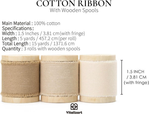 Vitalizart Ribbon Beige & Nude Natural Cotton Handmade Fringe Ribbon 1 1/2" x 15Yd Eco-Friendly Ribbons for Wedding Invites Bridal Bouquets Gift W...