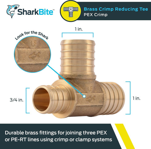SharkBite 1 x 3/4 x 1 Inch Crimp Reducing Tee, Brass Plumbing Fitting, PEX Pipe, PE-RT, UC418LFA...