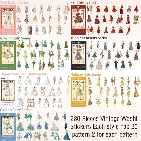 280 Pcs Vintage Washi Stickers for Journaling,Retro Fashion Women Girls People Scrapbook Stickers Scrapbooking Supplies Kit Junk Bullet Journals S...