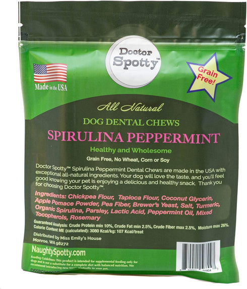 Doctor Spotty Peppermint Dog Dental Chews with Spirulina, Wholesome, Healthy Dog Chews, Natural and Grain-Free, Made in The USA, 8-Ct...