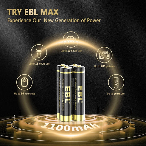 EBL Gold Pro Rechargeable AAA Batteries 1.2V 1100mAh NIMH Battery Upgraded High Performance AAA Batteries Precharged Triple A Battery - 16 Packs...