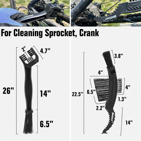 Bike Cleaning Kit (6 Pcs) with 1 Storage Bag, 5 Brushes for Tires, Chain, Sprockets, Cranks, Hubs, and Spokes, 1 Cleaning Mitt for Frame, Saddle, ...