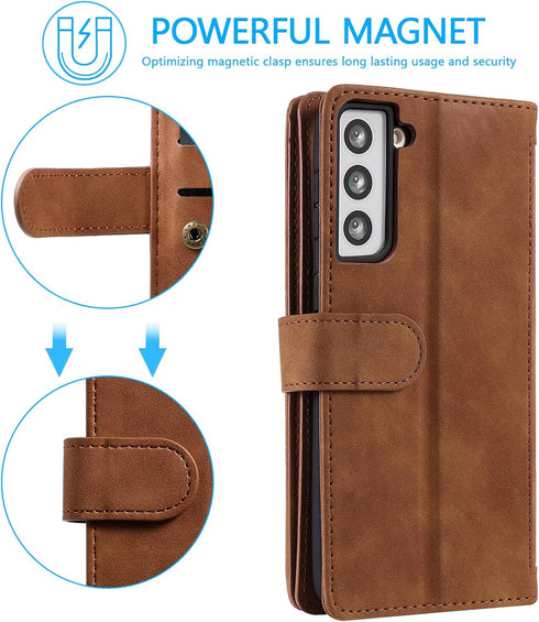 UEEBAI Wallet Case for Samsung Galaxy S21 5G, Retro 9 Card Holder Slots Zipper Pocket PU Leather Handbag Cover Magnetic Closure Kickstand with Wri...