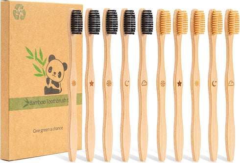 Bamboo Toothbrush Medium Bristle, 10Pcs Biodegradable Bulk Wooden Toothbrushes...