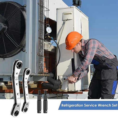 HVAC Service Wrench, 3/8” 1/4” 5/16” Refrigeration Service Wrench Set Air Conditioner Valve Ratchet Wrench with 2 Bit Adapter for Equipment Repair...
