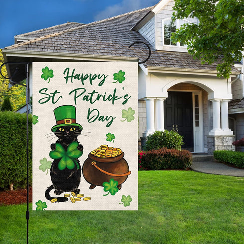Happy St. Patrick's Day Garden Flag Black Cat Yard Flags Luckly Shamrock 12x18 Inch Vertical Double Sided Burlap Banner for Spring Holiday Farmhou...