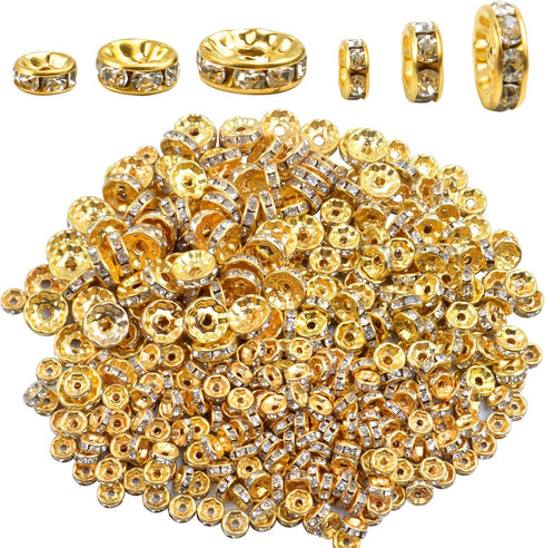 400 Pieces Round Crystal Spacer Beads Rondelle Charm Beads 6mm 8mm 10mm for jewelery Making, Gold Color...
