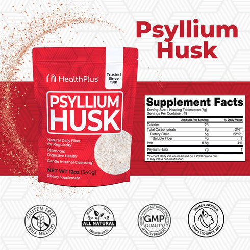 Health Plus, Psyllium Husk, 12 oz, 48 Servings - Natural Detox, Daily Dietary Fiber Supplement, Constipation Relief, Gentle Gut Cleanse, Keto Baki...