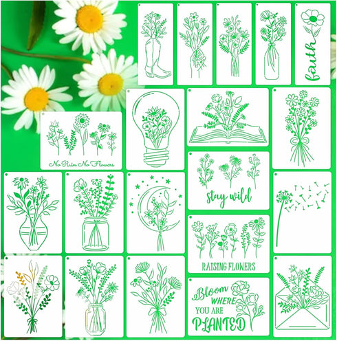 20 Flower Stencils for Painting Wildflower Reusable Stencil Large Floral Bouquet Template Paint Stencils for Painting on Wood Burning Wall Home Si...