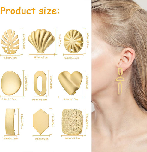 Hicarer 90 Pcs Gold Plated Earring Posts for Jewelry Making Earring Studs with Loop Hole Palm-Leaf Shaped Earring Finding Shell Heart Flower Track...