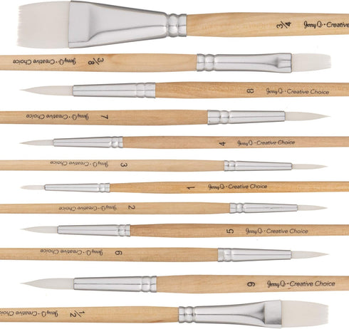 Jerry Q Art 12 PC White Synthetic Hair Round and Flat Paint Brush Set with Short Wood Handle for Acrylic, Watercolor and All Media JQ17931...