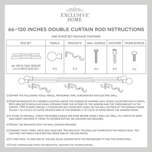 Exclusive Home Curtains ER1024-02 66120 White Mosaic Double Curtain Rod and Finial Set, Adjustable 66"-120", Gunmetal...