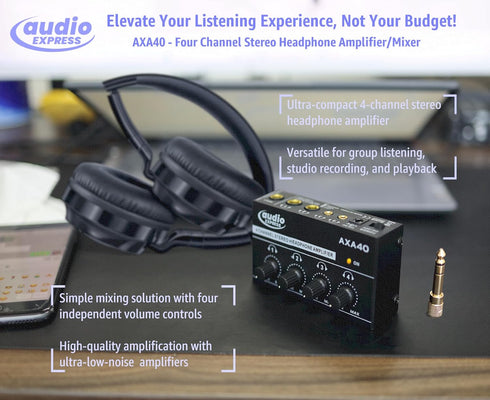 AXA40 Mini 4 Channel Combination 1/4" and 3.5mm TRS Stereo Headphone Amplifier w/Two 3.5mm and Two ¼” TRS Stereo Outputs Includes 12V Power Supply...