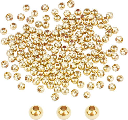 PH PandaHall 300pcs 4mm 14K Gold Plated Beads Mini Round Jewelry Beads Waist Loose Bead Smooth Metal Brass Bead for Friendship Bracelet Bikini Bel...