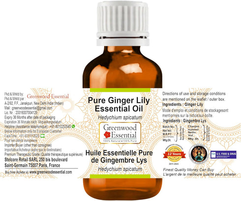 Pure Ginger Lily Essential Oil (Hedychium spicatum) Steam Distilled 15ml (0.50 oz)...