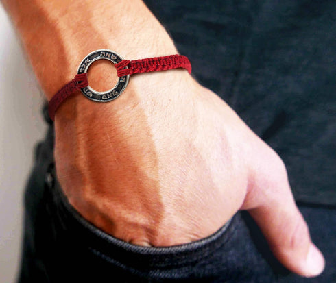 Red Macrame 8" Charm Bracelet for Men with Protection, Health, Success and Good Fortune Ring Charm - Waterprooof Durable and Handmade Jewelry for ...