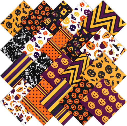 20 Pieces 10 x 10 Inch Halloween Fabric Quilting Bat Pumpkin Skull Print Patchwork Squares Craft Bundle Mixed Pattern Fabric Halloween Theme Decor...